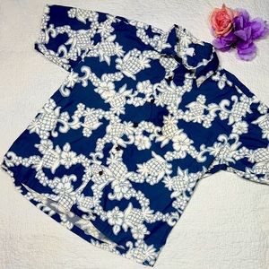 Napili Hawaii Men's Blue White Floral Pineapple Hawaiian Shirt Made in Hawaii; L